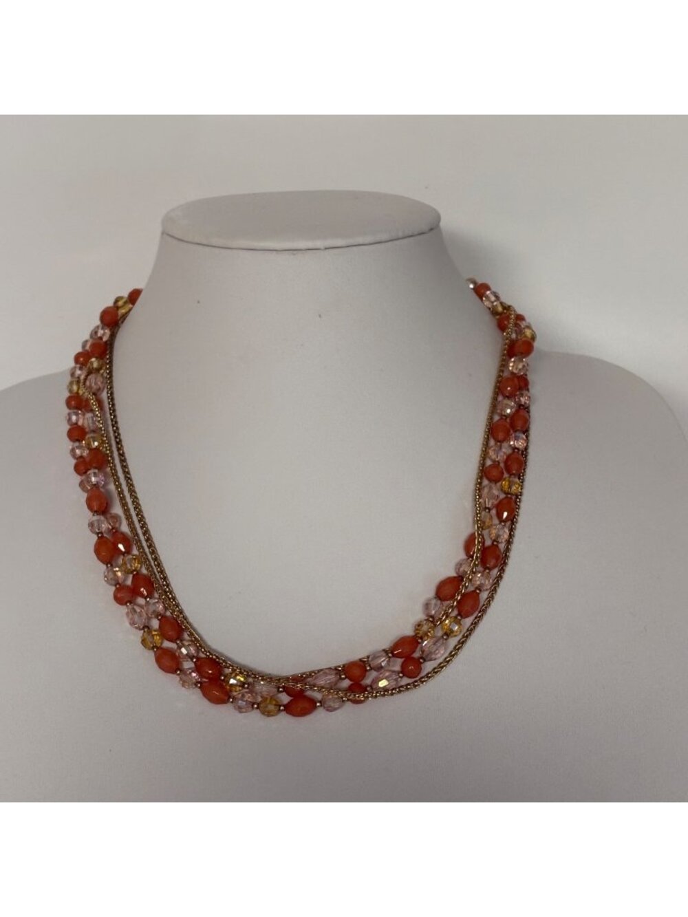 Long Beaded Two Strand Necklace Faceted Orange & Iridescent Beads Goldtone Chain
